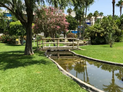 Jardins de Costa Lago avec un pont au-dessus de l’eau